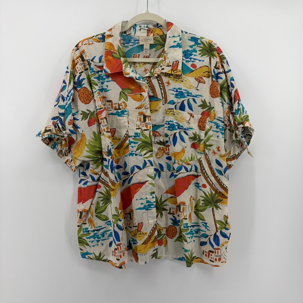 St. Johns Bay XL Multicolor Tropical Beach Print Button Up Tie Sleeve Shirt